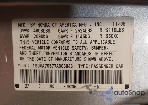 2007 Acura Tl Type S z USA, uszkodzony, nr VIN 19UUA76577A006846